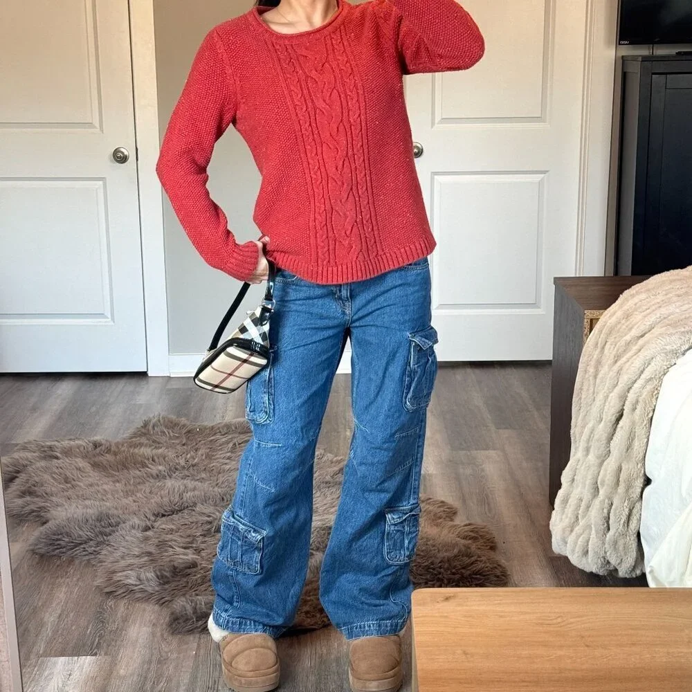 LL Bean Speckled Red Cable Knit Sweater Womens M Cottagecore Grandmacore